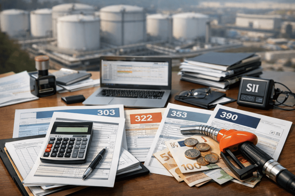 Mesa de trabajo con formularios de IVA, calculadora, billetes de euro y ordenador portátil frente a un depósito de carburantes, representando los cambios fiscales del IVA en 2026 y el control del pago a cuenta en operaciones de combustible