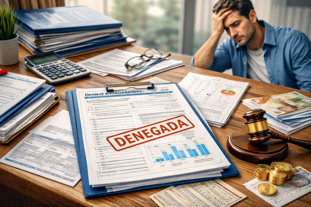 Autónomo preocupado analizando documentos fiscales y legales tras la denegación del cese de actividad por parte de la Seguridad Social