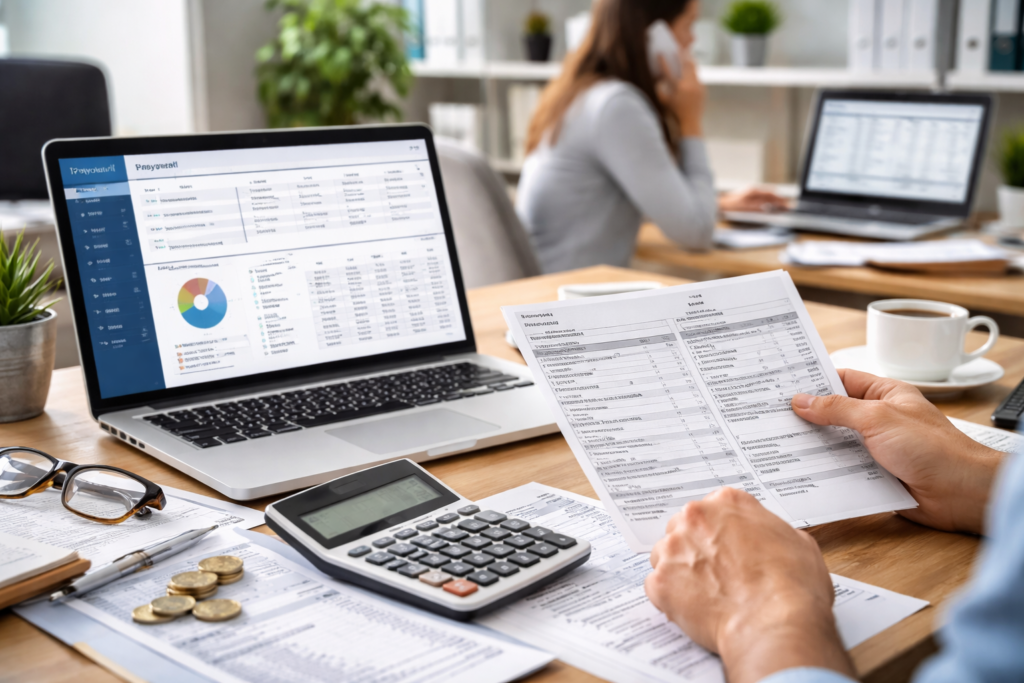 Equipo administrativo gestionando nóminas y seguros sociales de una pyme con documentos laborales, calculadora y panel de control financiero