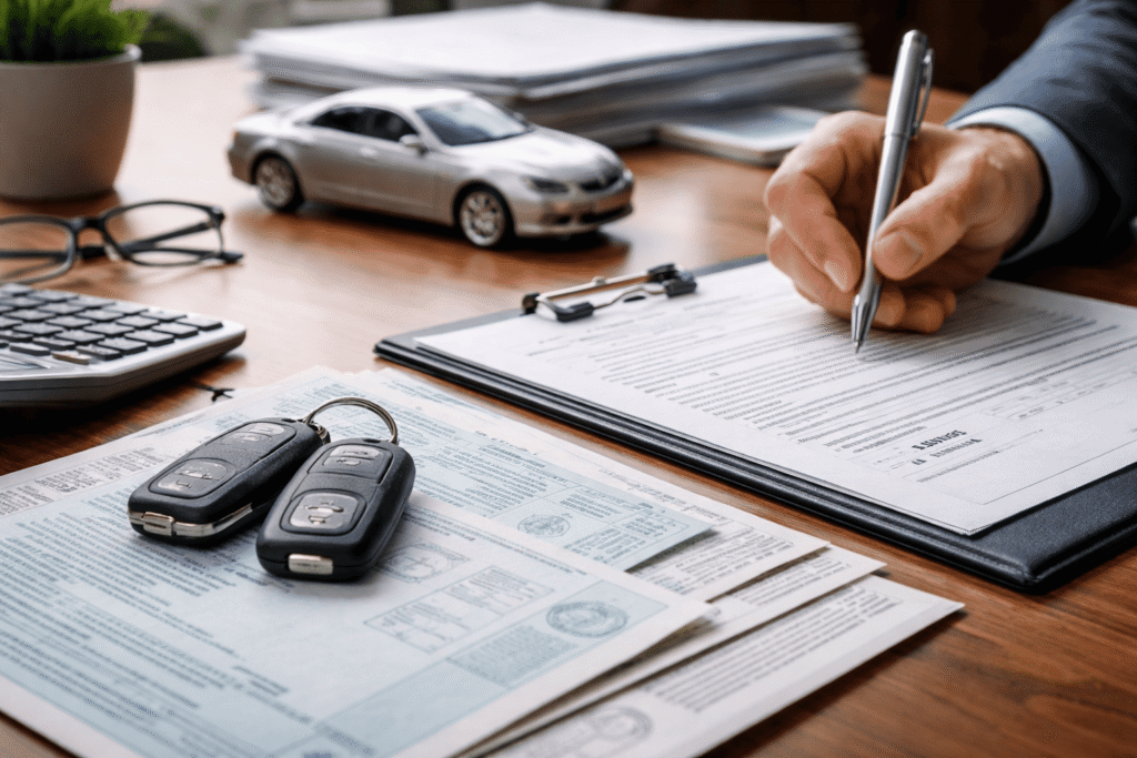 Mesa de gestoría con llaves del coche, documentación del vehículo y contrato de compraventa siendo firmado para una venta de coche en Majadahonda