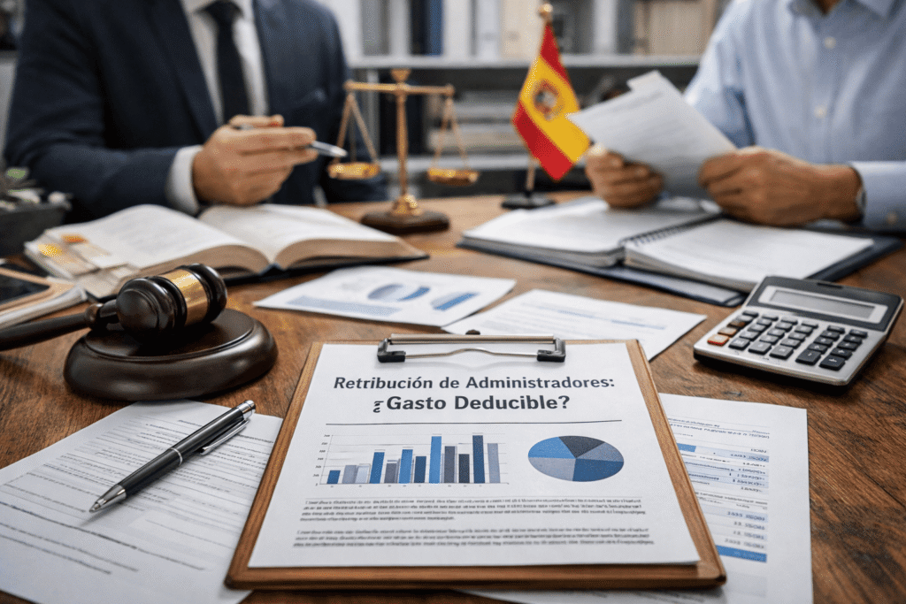 Asesoría fiscal revisando documentos sobre retribución de administradores y deducibilidad en el Impuesto sobre Sociedades, con calculadora y expediente en mesa.