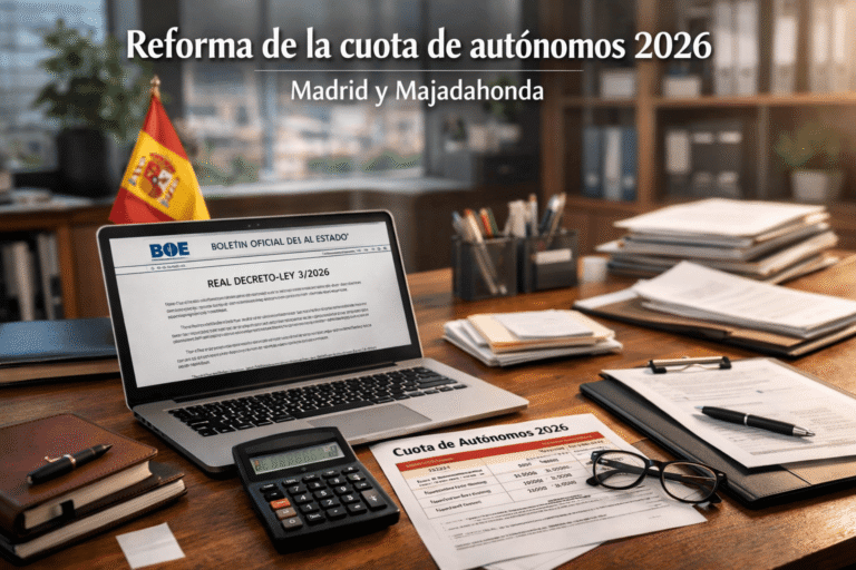 Oficina de gestoría en Madrid y Majadahonda con portátil mostrando BOE del RDL 3/2026, calculadora y documentos sobre la cuota de autónomos 2026 en un escritorio con luz natural y sombras marcadas.