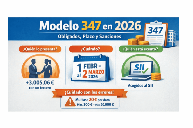 Infografía del Modelo 347 en 2026: quién lo presenta, plazo del 1 de febrero al 2 de marzo, exentos por SII y sanciones por errores.