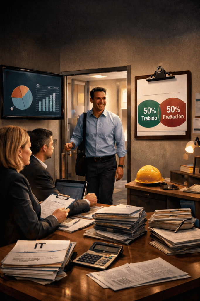 Profesional regresa a la oficina y se reúne con RR. HH. para planificar una reincorporación progresiva tras una incapacidad temporal, con documentos y gráficos de seguimiento en la sala.