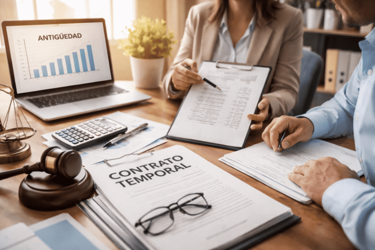 Asesores revisando contratos temporales y cálculo de antigüedad laboral en una oficina, con documentos y material legal sobre la mesa.