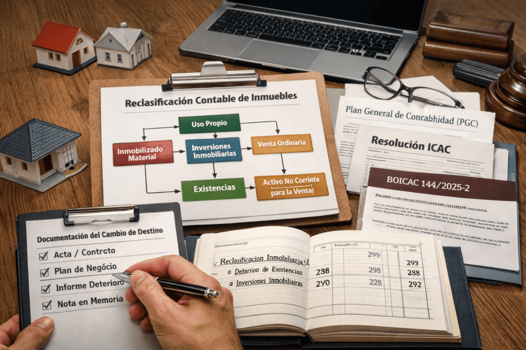 Reclasificación contable de inmuebles entre existencias e inversiones inmobiliarias según PGC e ICAC, con esquema de decisión y documentación contable