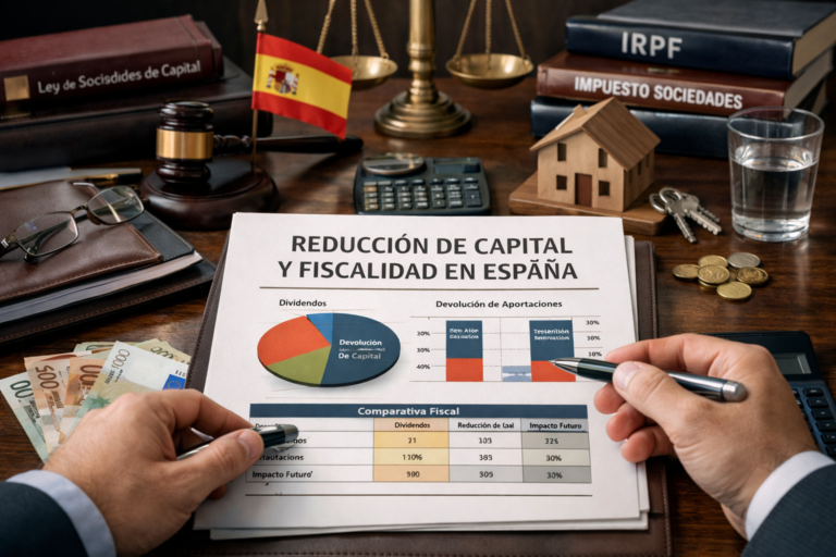 Reducción de capital y fiscalidad en España: documento financiero con comparativa entre dividendos y devolución de aportaciones, normativa legal y asesoramiento fiscal