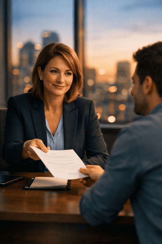 Responsable de recursos humanos entregando a un trabajador la resolución de su permiso retribuido en una reunión de oficina
