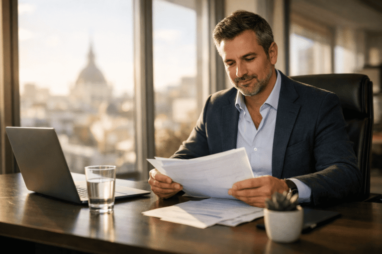 Empresario en su oficina en Madrid revisando documentos de nómina con satisfacción, representando el ahorro fiscal mediante retribución flexible