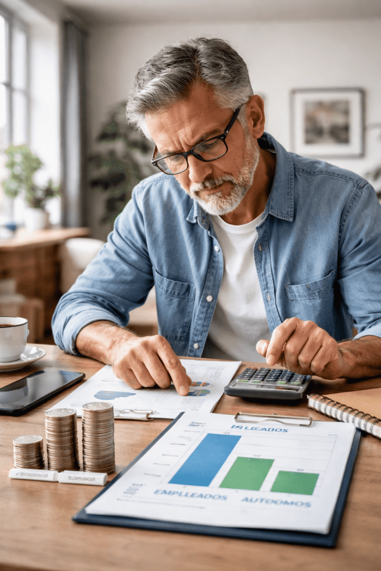 Autónomo revisando documentos y calculadora con gráficos de pensiones y monedas que simbolizan la brecha de jubilación