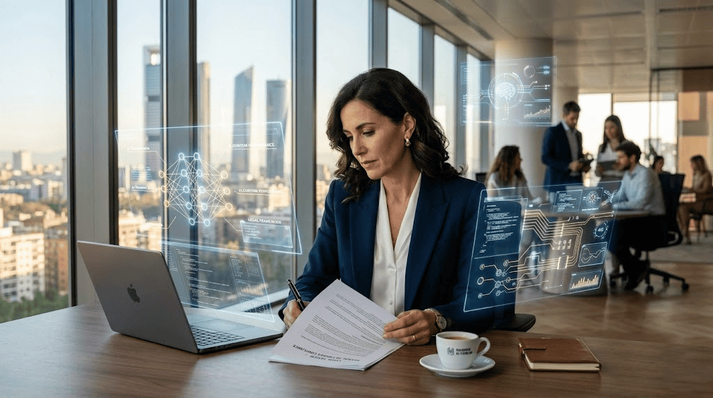 Profesional revisando documentos sobre regulación de Inteligencia Artificial en una oficina moderna de Madrid, con interfaces holográficas de redes neuronales y datos flotando a su alrededor, representando el impacto del AI Act en las empresas españolas