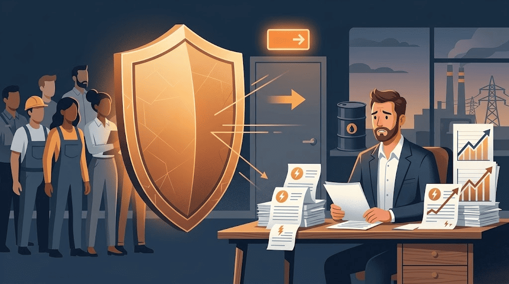 Ilustración editorial que muestra a un empresario preocupado revisando facturas de energía y gráficas de precios al alza en su escritorio, mientras un gran escudo dorado protege a un grupo de trabajadores de una puerta de salida que simboliza el despido, con un barril de petróleo e infraestructura industrial al fondo.