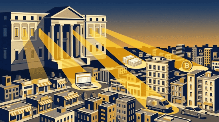 Ilustración editorial que representa la vigilancia fiscal de la AEAT en 2026: un edificio gubernamental con columnas clásicas proyecta rayos de luz dorada sobre una ciudad con negocios, inmuebles, facturas, criptomonedas y comercio digital, simbolizando el Plan Anual de Control Tributario y Aduanero.