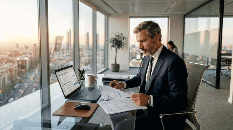 Asesor fiscal en Majadahonda revisando el Modelo 200 del Impuesto sobre Sociedades 2025 en una oficina moderna con vistas a Madrid