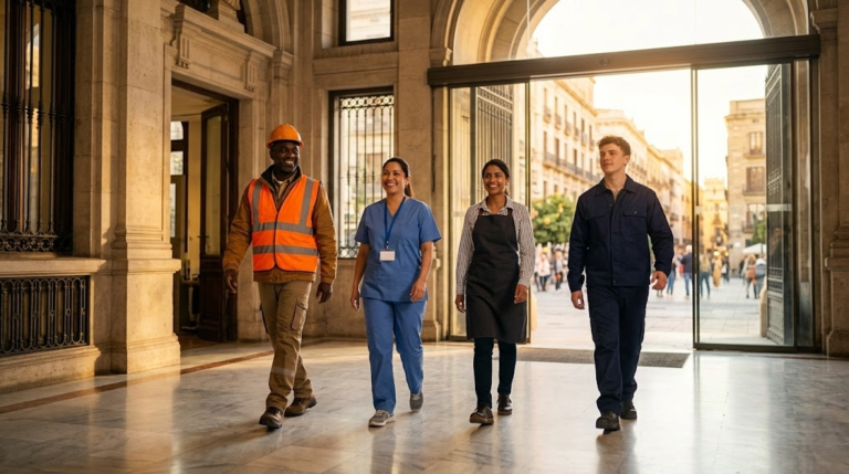 Cuatro trabajadores de distintos sectores —construcción, sanidad, hostelería y servicios— caminando con confianza por el interior de un edificio oficial de arquitectura española, con luz dorada entrando por las puertas de cristal al fondo.