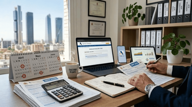 Profesional revisando documentos de declaración de renta 2025 en oficina moderna de Majadahonda con calendario abril 2026 marcado, laptop mostrando portal Agencia Tributaria, calculadora fiscal y documentos IRPF organizados sobre escritorio de madera con vista a Madrid