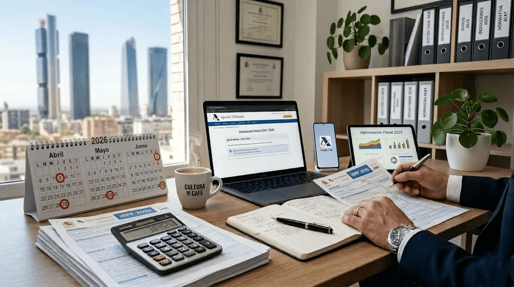 Profesional revisando documentos de declaración de renta 2025 en oficina moderna de Majadahonda con calendario abril 2026 marcado, laptop mostrando portal Agencia Tributaria, calculadora fiscal y documentos IRPF organizados sobre escritorio de madera con vista a Madrid