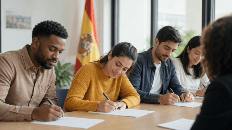 Trabajadores extranjeros firmando contratos laborales en España durante el proceso de regularización extraordinaria 2026