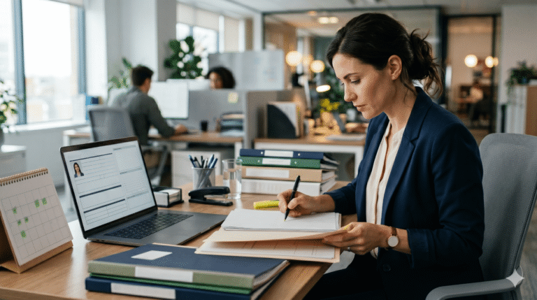 Profesional revisando documentos laborales y calendario en una oficina, representando la gestión de plazos para comunicar bajas y cambios de trabajadores.