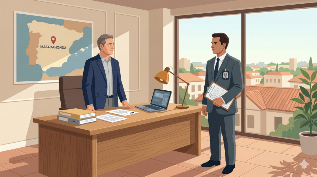 Empresario recibiendo la visita de un inspector de trabajo en una oficina moderna con vistas a Majadahonda, Madrid