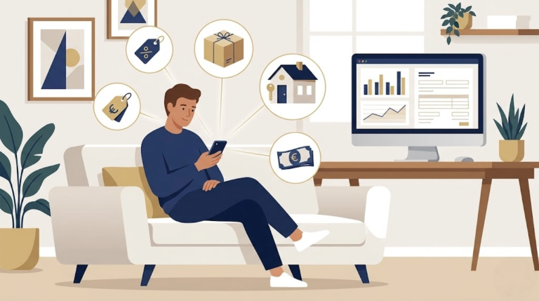 Persona revisando ventas en plataformas digitales desde el sofá con iconos de etiqueta de precio, paquete, casa con llave y billetes de euro, junto a una pantalla con gráficas y formulario fiscal