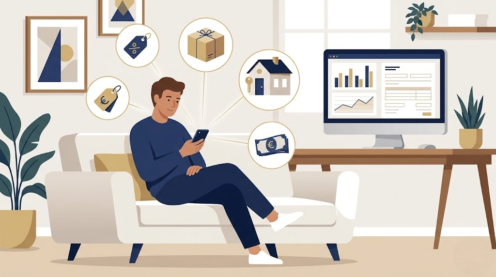 Persona revisando ventas en plataformas digitales desde el sofá con iconos de etiqueta de precio, paquete, casa con llave y billetes de euro, junto a una pantalla con gráficas y formulario fiscal