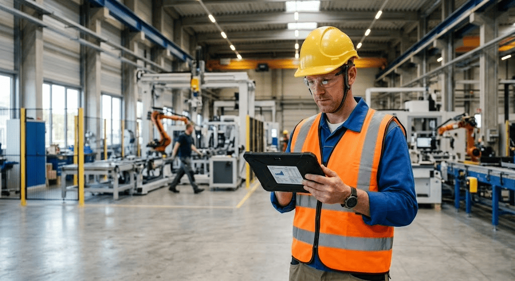 Trabajador industrial consultando documentación de prevención de riesgos laborales en tablet dentro de nave industrial