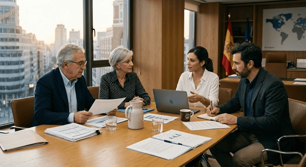 Reunión familiar analizando las consecuencias fiscales de constituir una sociedad holding en una empresa familiar