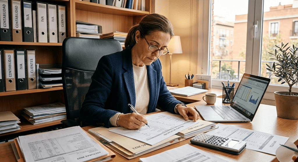 Contable revisando el balance de una empresa con pérdidas en ejercicios anteriores para compensar resultados negativos