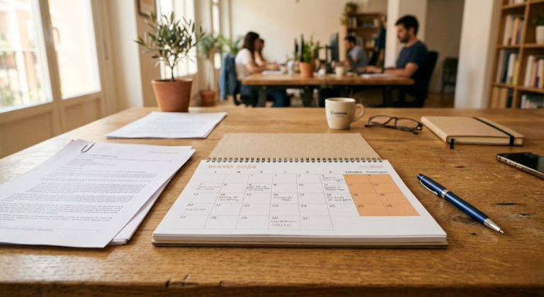 Calendario laboral con festivos marcados en sábado y documentos de la sentencia de la Audiencia Nacional sobre la mesa