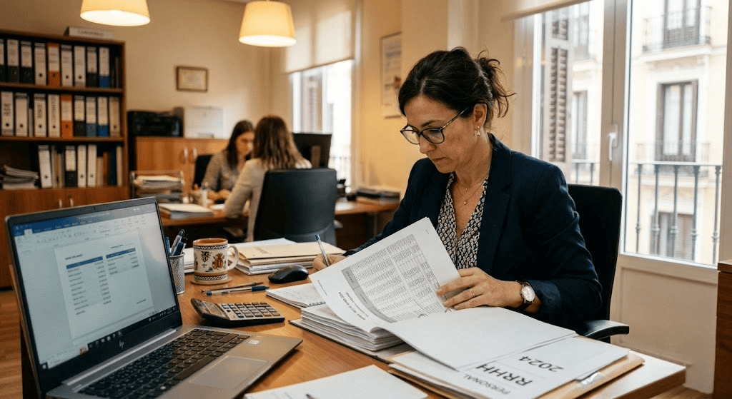 : Responsable de RRHH revisando nóminas y tablas salariales de convenio colectivo con el SMI 2026 sobre la mesa