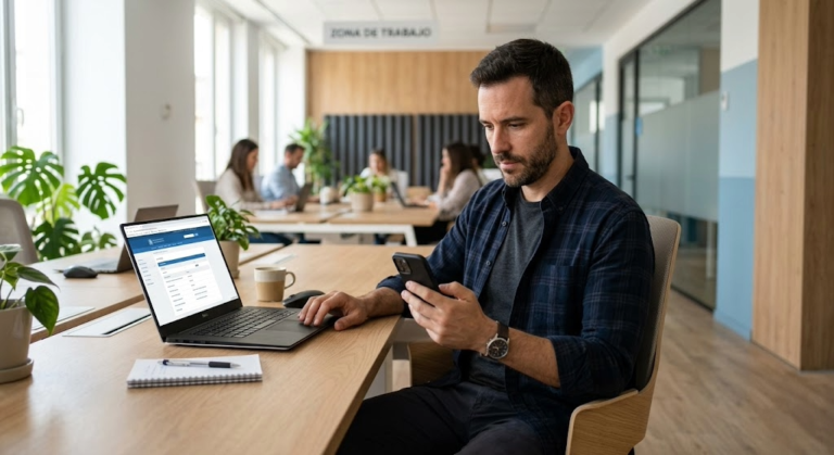 Trabajador consultando notificaciones electrónicas de la Seguridad Social desde su móvil