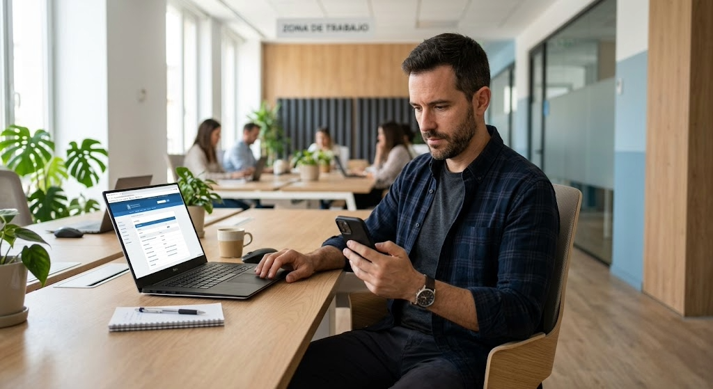 Trabajador consultando notificaciones electrónicas de la Seguridad Social desde su móvil
