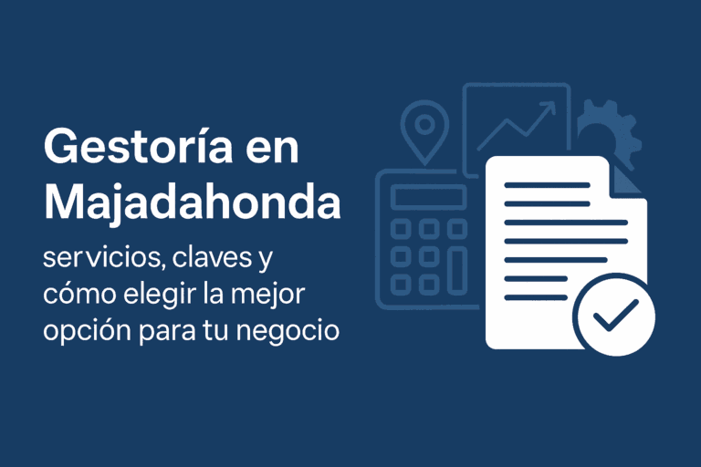Imagen corporativa sobre gestoría en Majadahonda con iconos de cálculos, documentos y servicios administrativos.