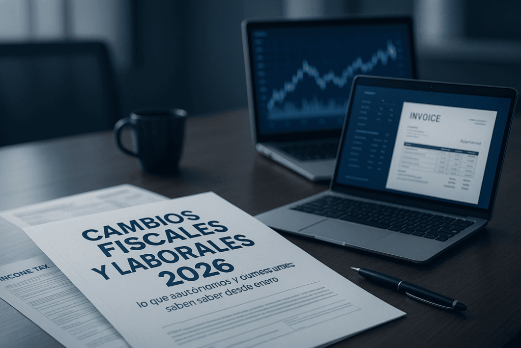 Mesa de oficina con documentos sobre los cambios fiscales y laborales 2026, dos portátiles mostrando gráficos financieros y facturas electrónicas, representando las nuevas obligaciones para autónomos y pymes.
