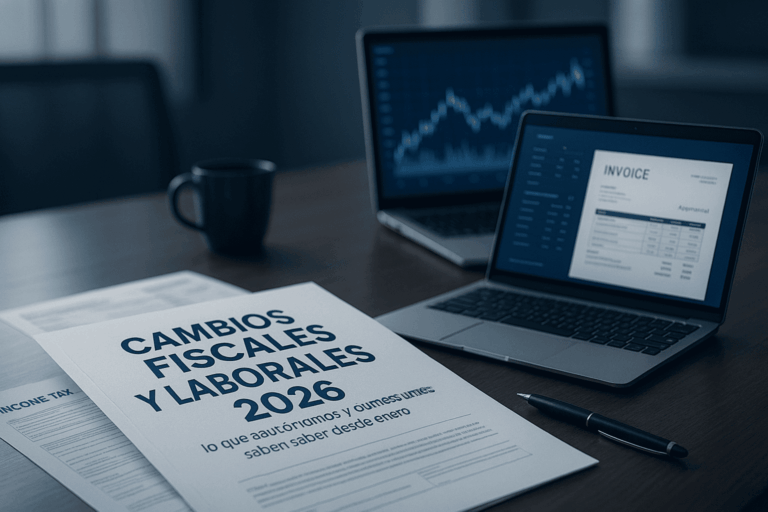 Mesa de oficina con documentos sobre los cambios fiscales y laborales 2026, dos portátiles mostrando gráficos financieros y facturas electrónicas, representando las nuevas obligaciones para autónomos y pymes.