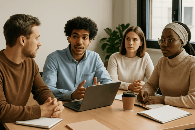 Cuatro personas de diferentes perfiles culturales debatiendo estrategias de motivación laboral en una sala de reuniones moderna.