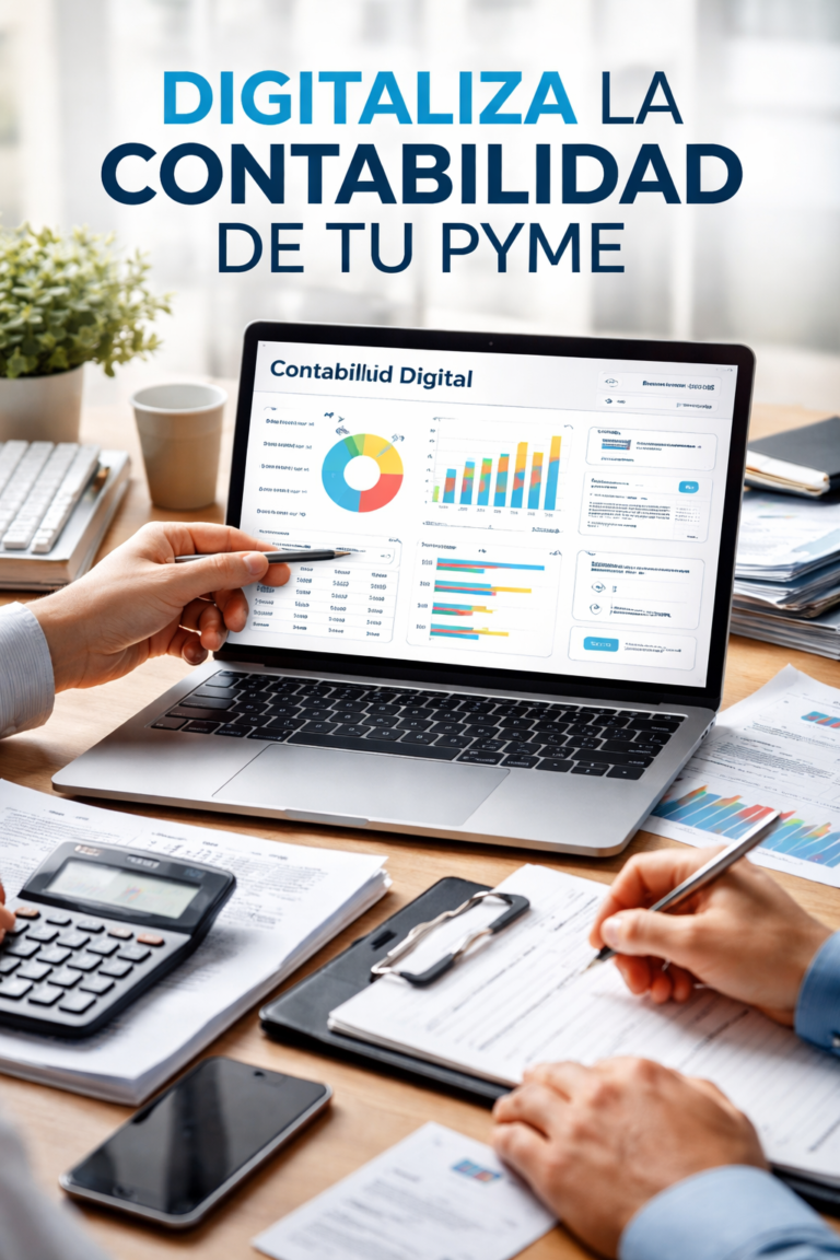 Equipo de trabajo digitalizando la contabilidad de una pyme mediante un sistema contable en la nube con gráficos financieros y facturas digitales