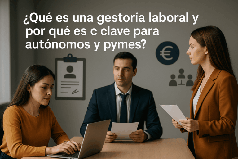 Imagen hiperrealista de tres profesionales trabajando en una oficina moderna, representando la colaboración en una gestoría laboral para autónomos y pymes.