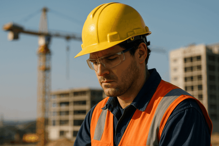 Trabajador de la construcción concentrado en su labor en una obra, representando la importancia de la seguridad laboral en 2026