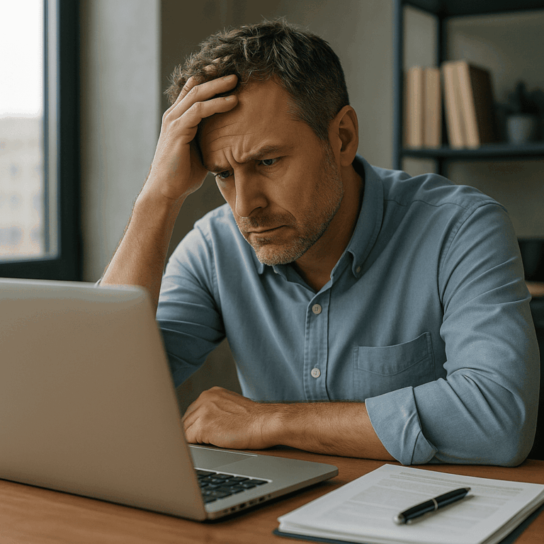 Hombre preocupado revisando información en su portátil sobre la normativa VeriFactu en una oficina moderna