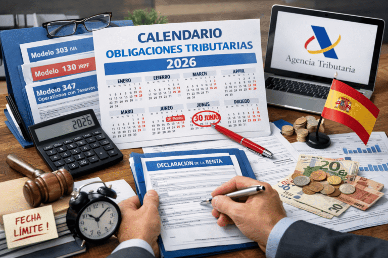 Calendario de obligaciones tributarias 2026 con modelos fiscales, declaración de la renta y documentos de la Agencia Tributaria sobre un escritorio de asesoría fiscal en España