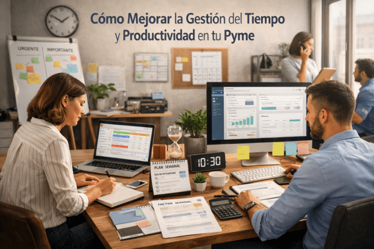 Equipo de una pyme trabajando de forma organizada en una oficina moderna, utilizando herramientas digitales para mejorar la gestión del tiempo, la productividad y la eficiencia del negocio.