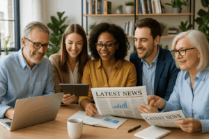 Grupo de empresarios PYMES y autónomos leyendo noticias de actualidad fiscal y laboral
