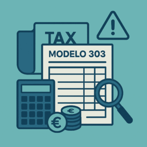 Ilustración de elementos fiscales alrededor del Modelo 303, incluyendo calculadora, monedas, lupa y señal de advertencia