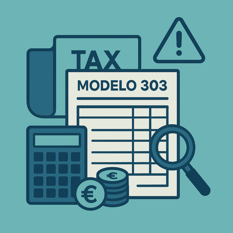 Ilustración de elementos fiscales alrededor del Modelo 303, incluyendo calculadora, monedas, lupa y señal de advertencia