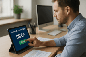 Hombre usando un software de registro digital de jornada laboral en una tablet en una oficina moderna, representando la nueva ley de control horario en España 2025.