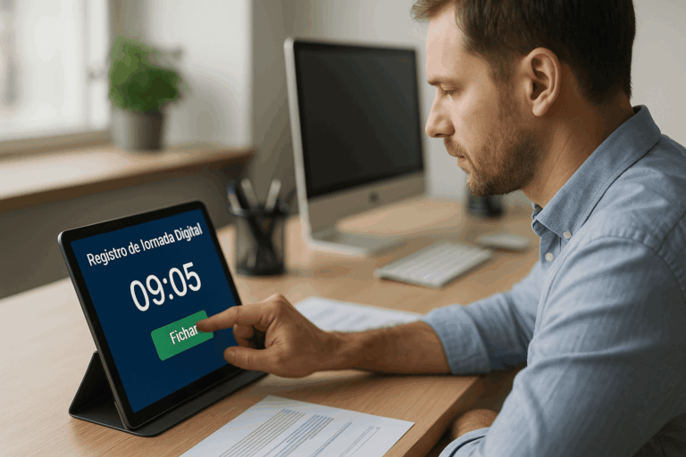 Hombre usando un software de registro digital de jornada laboral en una tablet en una oficina moderna, representando la nueva ley de control horario en España 2025.