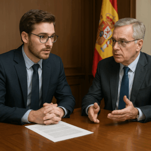 Reunión formal entre un autónomo y un representante del Estado español negociando cuotas y protección por cese de actividad, con bandera de España al fondo.