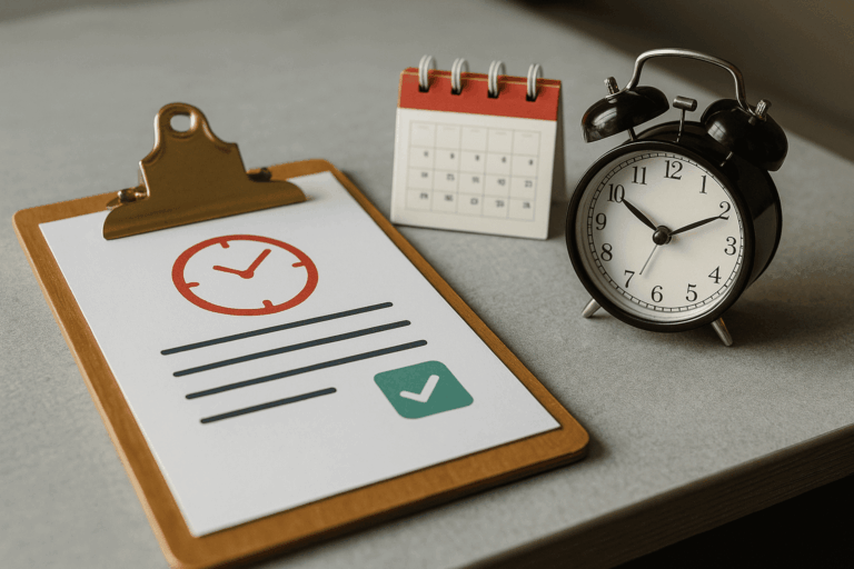 Fotografía hiperrealista de un escritorio con un reloj despertador, un calendario y un formulario de control horario, simbolizando la obligación del registro de jornada laboral en empresas y autónomos en 2025.